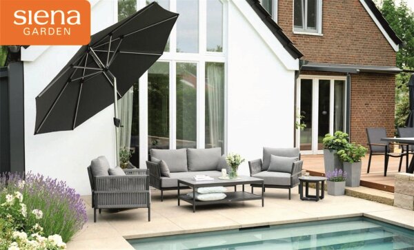 ROCK Lounge Set 4-tlg. mitTisch 120x70 anth./Teak/Rope incl. Kissen blau-grau